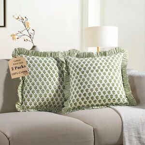 🆕Cotton Print Club 100% Cotton Indian Block Print Ruffle Throw Pillow Cover Set
